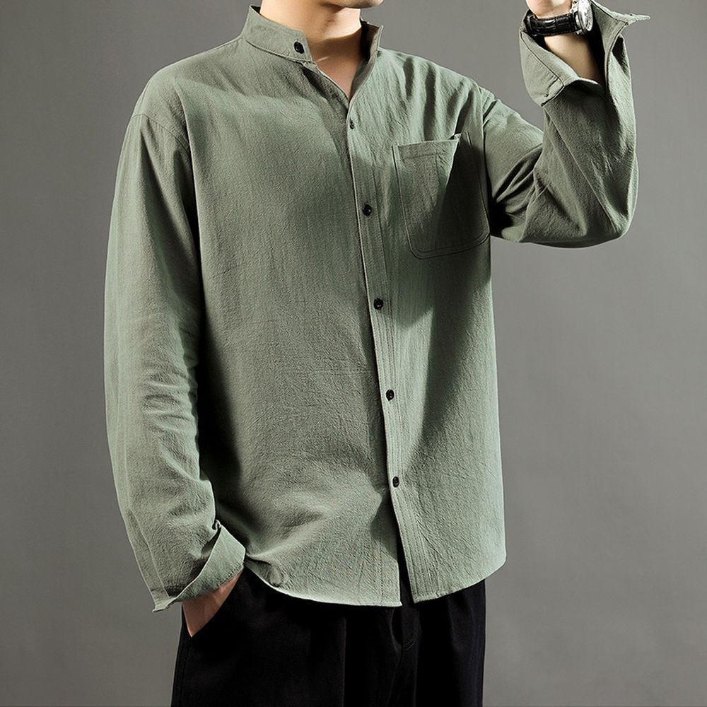 Men's Cotton and Linen Long-sleeved Shirt